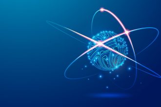 A lighted image of an atom.