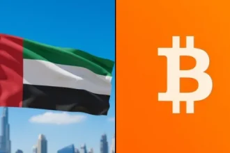 UAE flag and Bitcoin logo