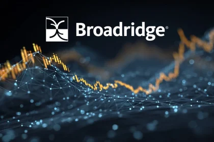 Broadridge logo displayed above a futuristic financial data visualization featuring glowing network connections and rising market chart lines.