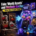 Graphic titled “Fake ‘World Assets’ and Onchain Gacha Drive New Crypto Trend,” showing fake luxury goods and artworks alongside a colorful onchain gacha machine with digital collectible characters.