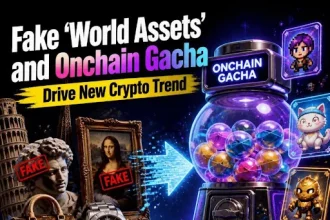 Graphic titled “Fake ‘World Assets’ and Onchain Gacha Drive New Crypto Trend,” showing fake luxury goods and artworks alongside a colorful onchain gacha machine with digital collectible characters.