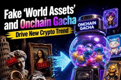 Graphic titled “Fake ‘World Assets’ and Onchain Gacha Drive New Crypto Trend,” showing fake luxury goods and artworks alongside a colorful onchain gacha machine with digital collectible characters.