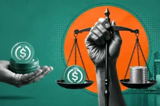 Illustration of stablecoin tokens and traditional coins balanced on scales, representing stablecoin regulation and financial oversight.