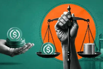 Illustration of stablecoin tokens and traditional coins balanced on scales, representing stablecoin regulation and financial oversight.