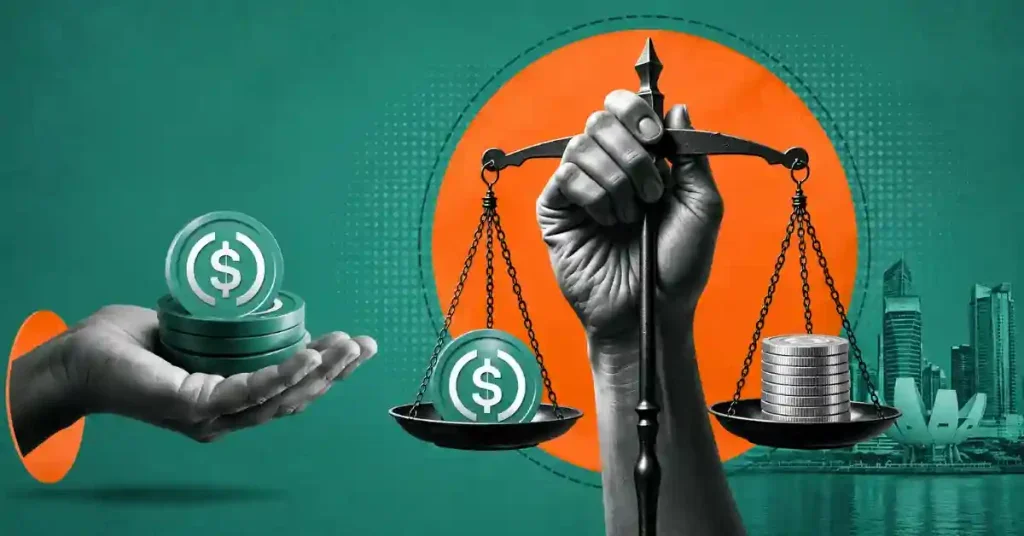Illustration of stablecoin tokens and traditional coins balanced on scales, representing stablecoin regulation and financial oversight.